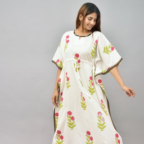 Hand Block Printed Cotton Kaftan Plus Size Tunic Floral Long Caftan - Picture 6 of 6